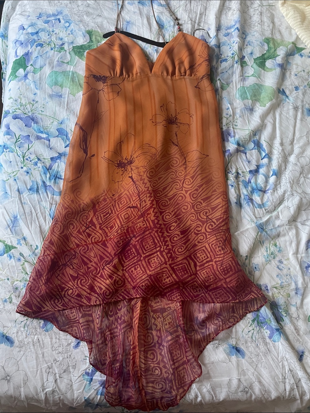 Floral Ombre Orange and Burgundy Midi Dress with High-Low Hem